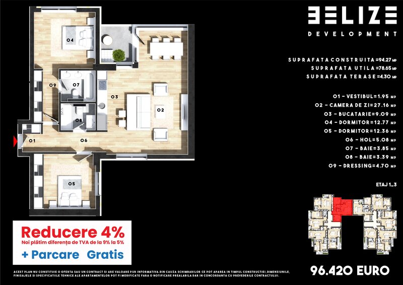 Cernica, apartament 3 camere 78 mp, parcare gratis.